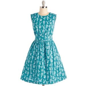 Emily and Fin Modcloth Cactus Print Cotton Dress Pockets Retro Twee Novelty L